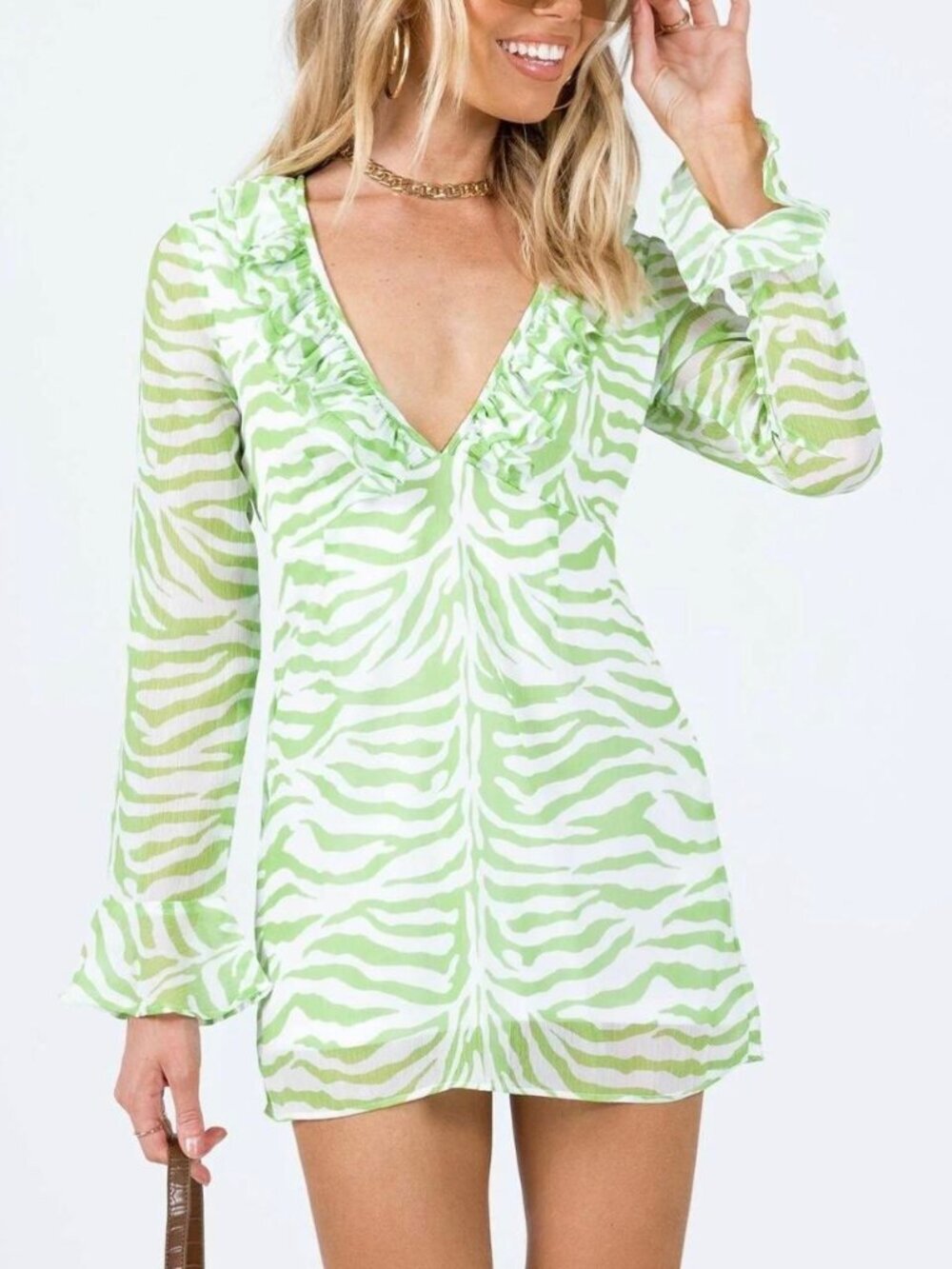 Princess Polly Mini Dress Green Zebra Animal Print Ruffle Women 4 Coquette Party